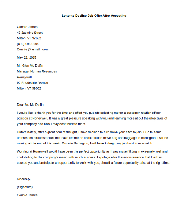 Turning Down Job Offer After Accepting: Sample Letter Email Subject